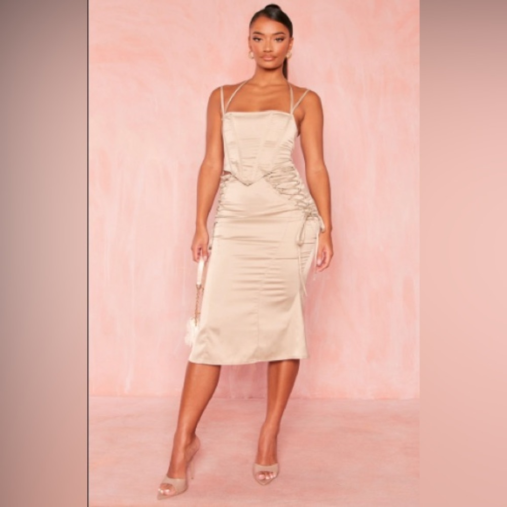 Pretty Little Thing Satin lace up corset top and skirt set